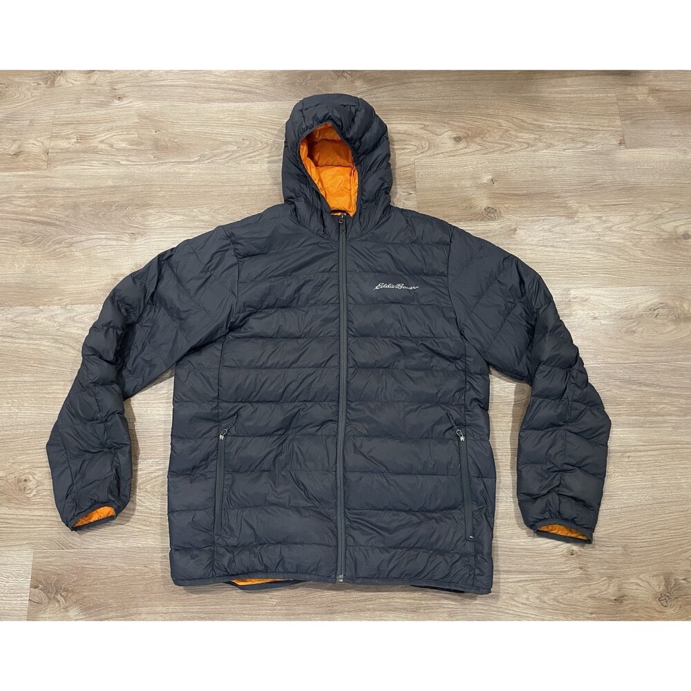 Eddie Bauer Mens Lightweigh Down Filled Jacket Large Blue/Gray Orange EB650 Hood
